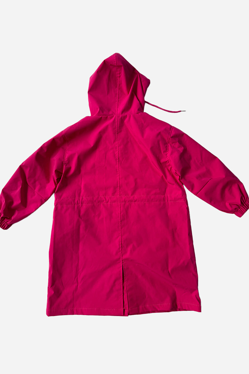 The looselyboho Bright Berry Kids’ Windbreaker, shown flat on a white background, features long sleeves, elastic cuffs, a drawstring hood, and a waist seam—ideal as a water-resistant jacket for rainy days.