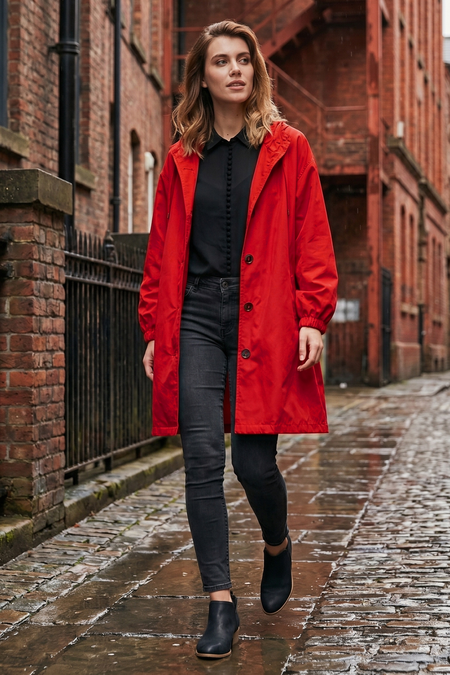 A woman wearing the Icon Windbreaker Rain Jacket, a black shirt, dark jeans, and black shoes walks on a wet cobblestone street lined with brick buildings.