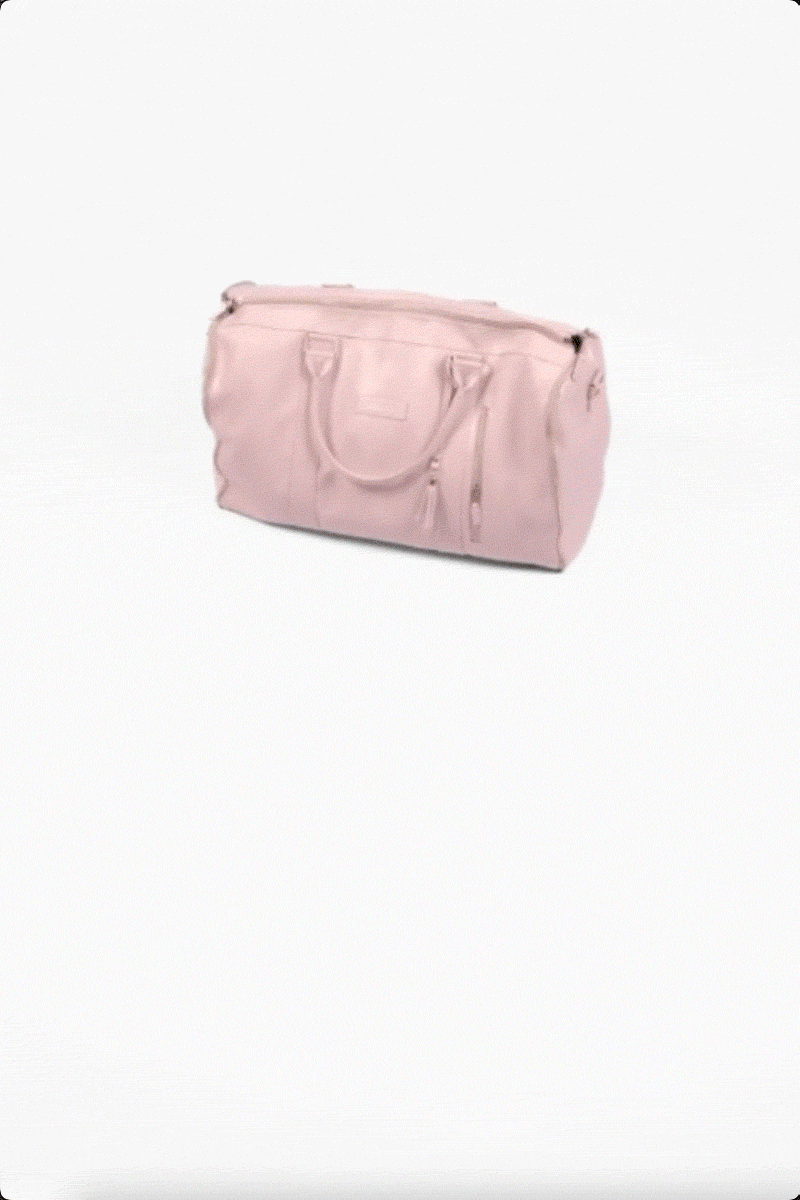 The Smart No-Wrinkle Foldable Travel Bag by The Windbreaker Jacket is shown in pink, featuring multiple zippers and handles. Crafted from waterproof PU leather, the bag rotates slowly to display its features and design against a plain white background.