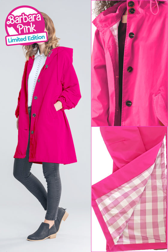 Image featuring a model wearing a bright pink Water Resistant Oversized Hooded Windbreaker Rain Jacket by The WJacket. The rain jacket, showcasing timeless style, has black buttons and reaches above the knees. Close-up images reveal the inner lining with a pink and white checkered pattern. Text reads: 