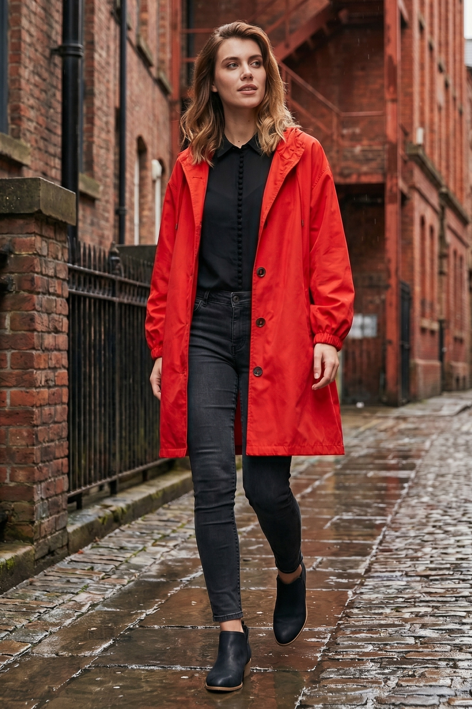 A woman in The Water Resistant Hooded Oversized Windbreaker Rain Jacket walks along a wet cobblestone street lined with red brick buildings.