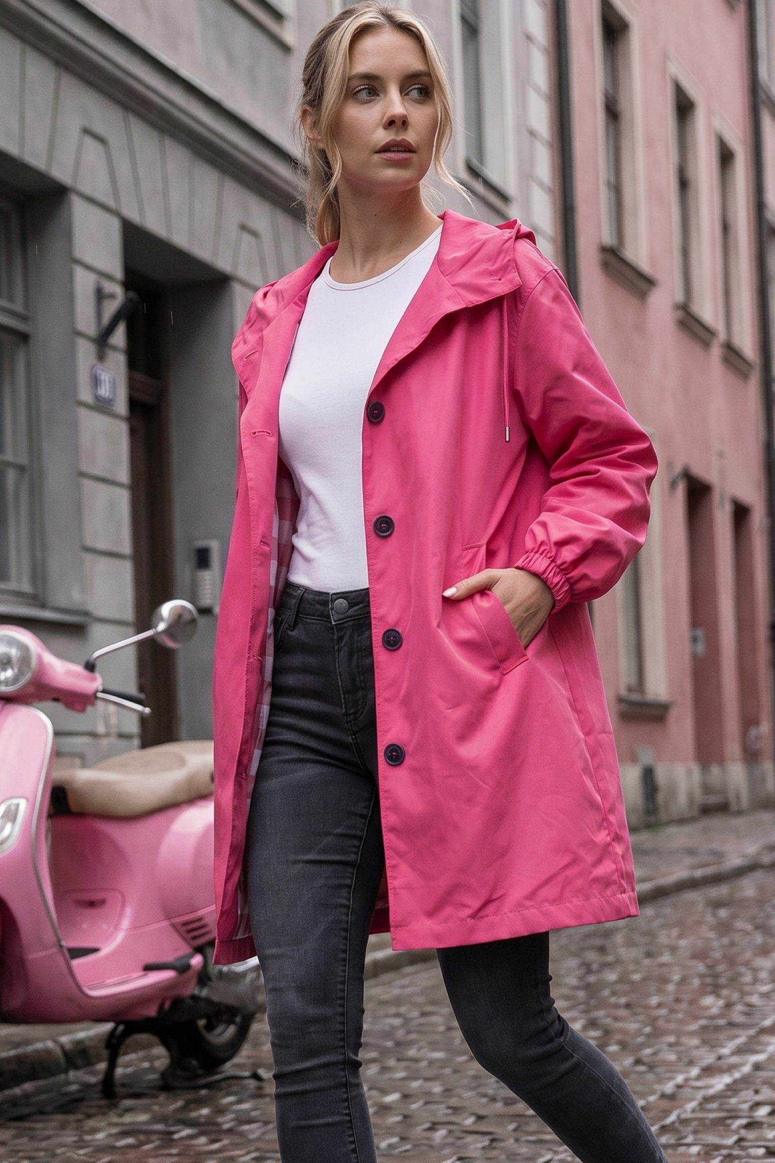 A woman in an Icon Windbreaker Rain Jacket, white shirt, and dark jeans walks down a cobblestone street. A pink scooter is parked nearby, with tall-windowed buildings lining the street.