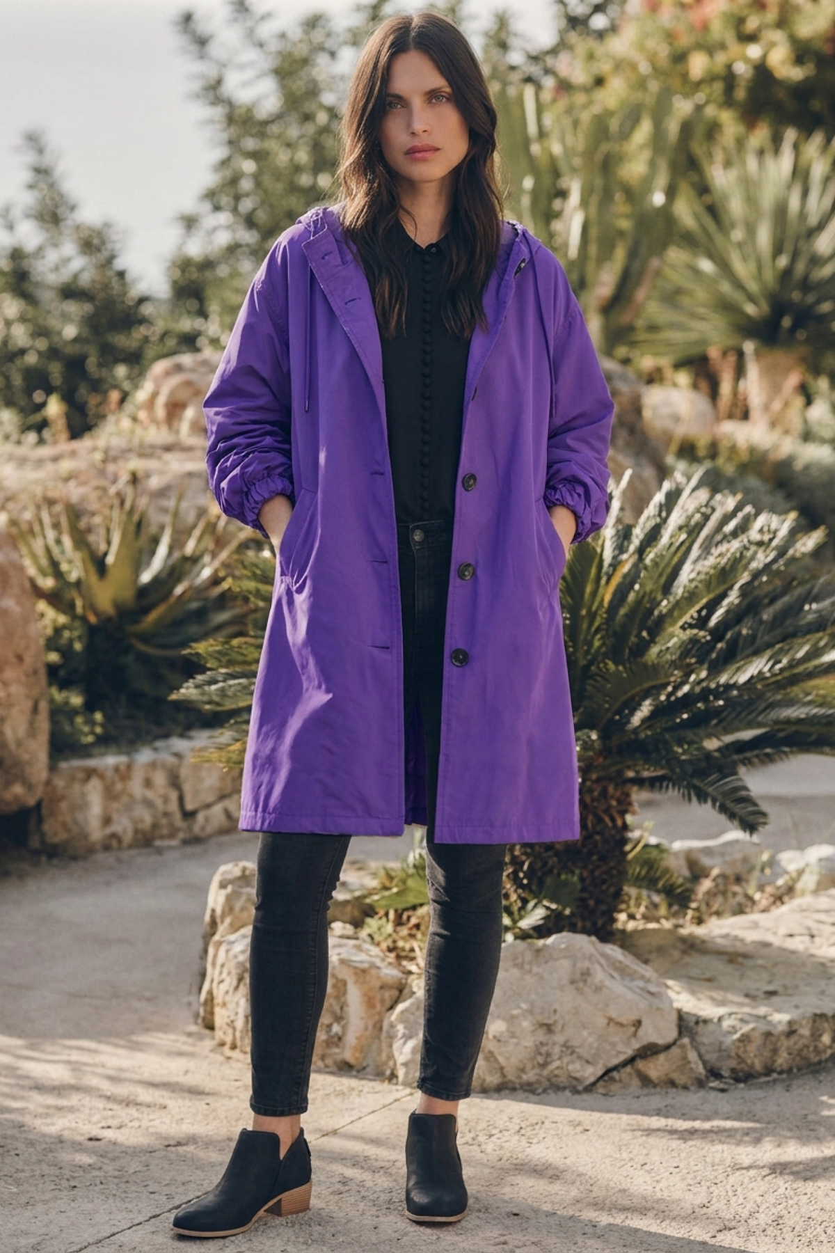 A person stands outdoors with hands in pockets, wearing the Icon Rain Windbreaker Jacket in purple, paired with black pants and black shoes. Lush green plants and rocks are visible in the background.