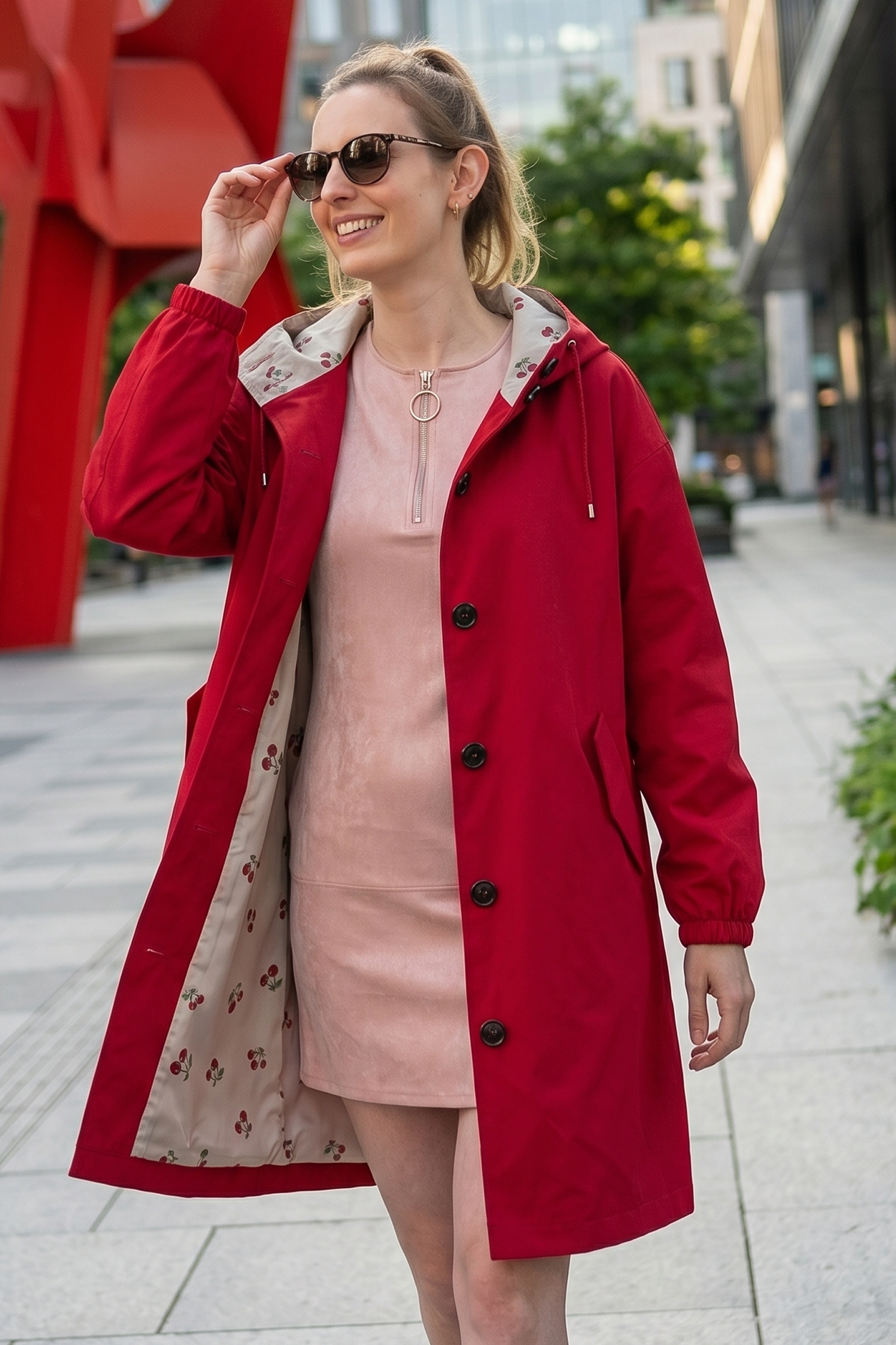 Wearing The Water Resistant Hooded Oversized Windbreaker Rain Jacket, a person steps along a city sidewalk with buildings and greenery in the background, pairing the jacket with sunglasses and a light pink dress.