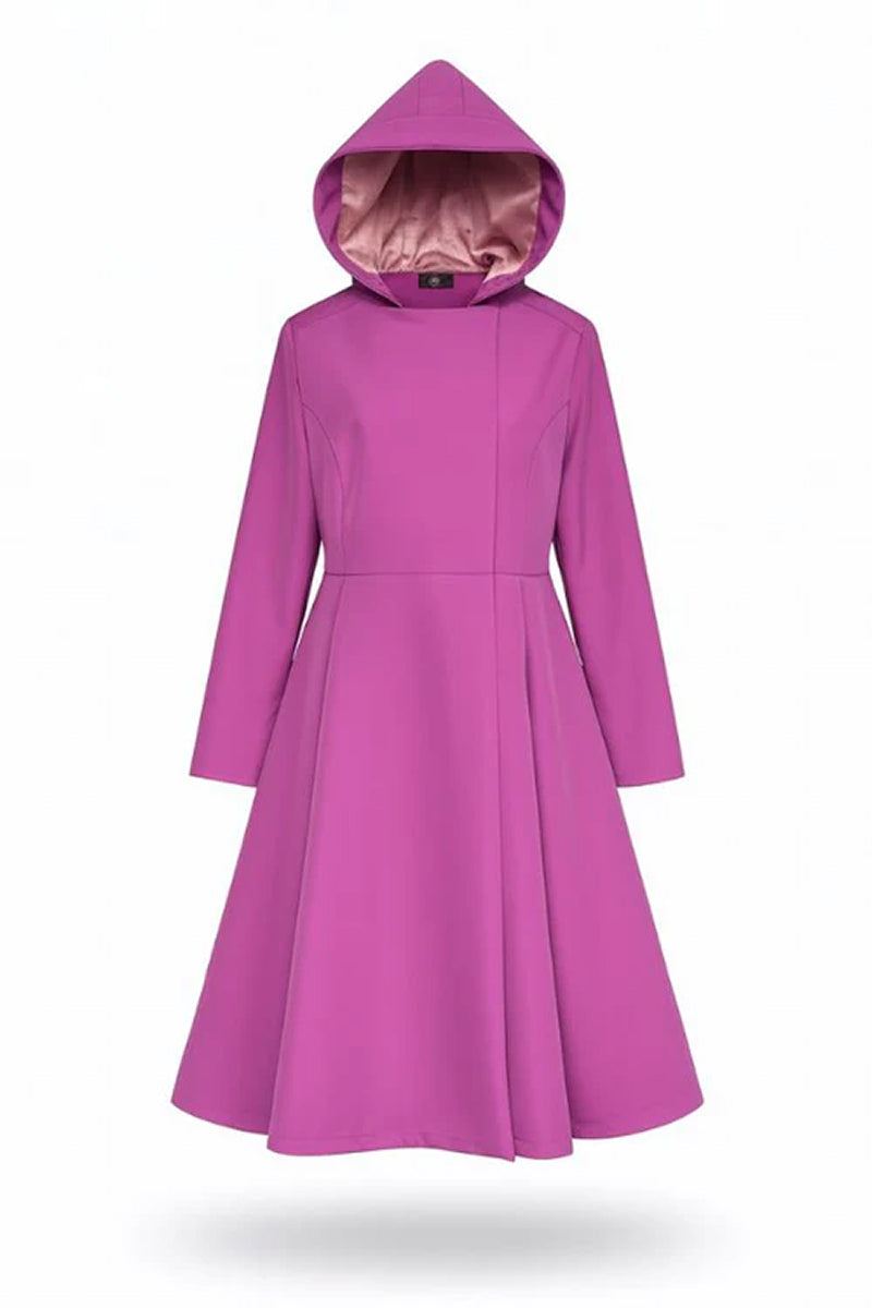 The looselyboho Water-Repellent Rain & Shine A-Line Hooded Raincoat features long sleeves, knee-length magenta fabric, a fitted bodice, flared skirt, and a hood lined with light pink, shown on a plain white background.